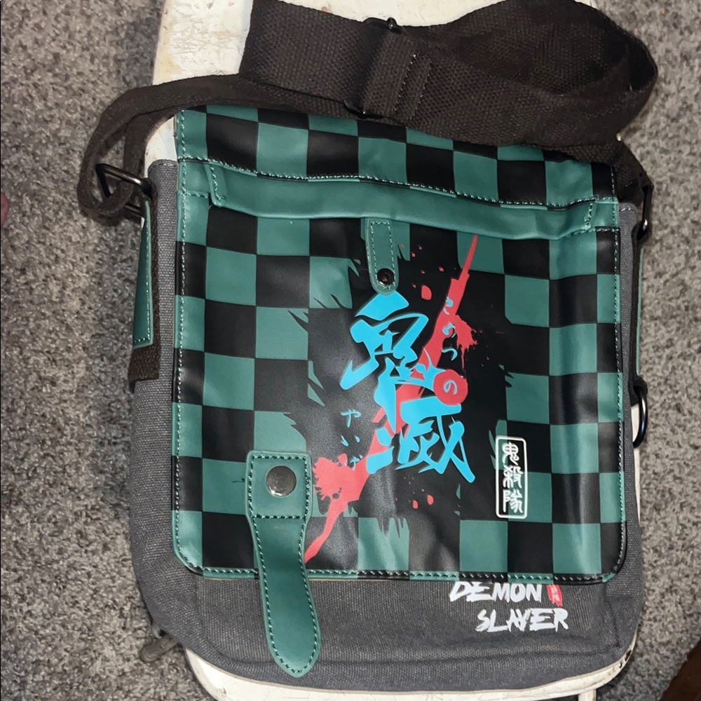 Demon Slayer Tanjiro Kamado Green Checkered Canvas Messenger Crossbody Bag 9x10
